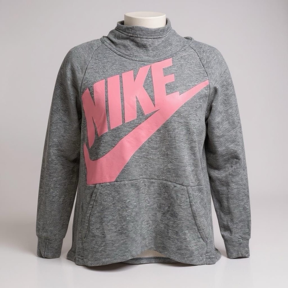 Nike Funnel Neck Hoodie Gray Pink Swoosh Sweatshirt‎ Women's Size Medium